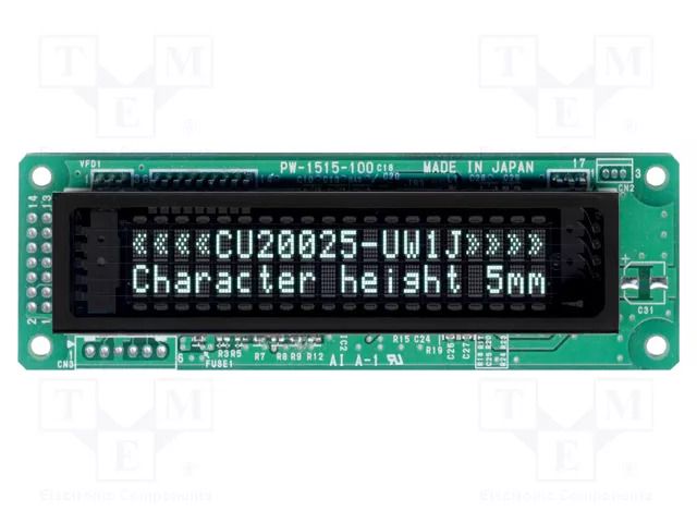 Display: VFD; alphanumeric; 20x2; Char: 4.7mm; 350cd/m2; PIN: 20 NORITAKE Itron CU20025-UW1J