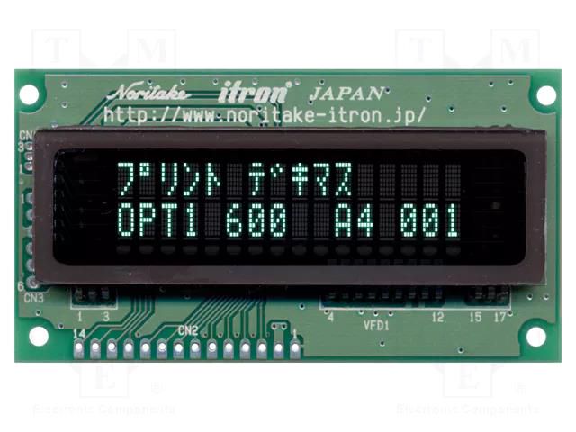 Display: VFD; alphanumeric; 16x2; Char: 4.759mm; 350cd/m2; PIN: 20 NORITAKE Itron CU16025-UW2J