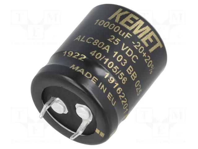 Capacitor: electrolytic; SNAP-IN; 10mF; 25VDC; Ø25x30mm; ±20% KEMET ALC80A103BB025