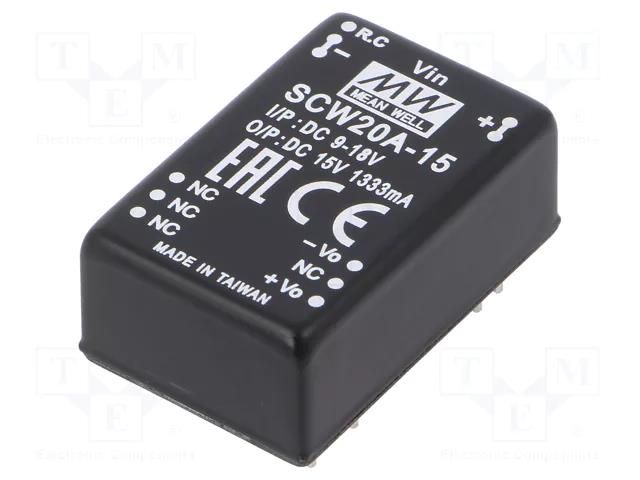 Converter: DC/DC; 20W; Uin: 9÷18VDC; Uout: 15VDC; Iout: 1333mA; DIP24 MEAN WELL SCW20A-15