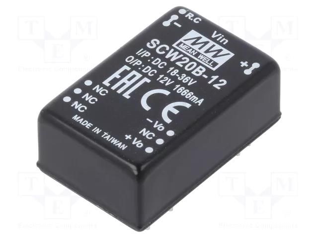 Converter: DC/DC; 20W; Uin: 18÷36VDC; Uout: 12VDC; Iout: 1666mA; THT MEAN WELL SCW20B-12