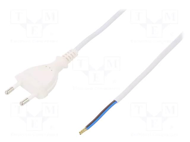 Cable; 2x0.5mm2; CEE 7/16 (C) plug,wires; PVC; 5m; white; 2.5A PLASTROL W-97141