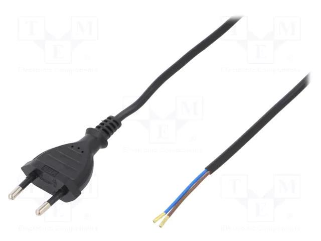 Cable; 2x0.5mm2; CEE 7/16 (C) plug,wires; PVC; 5m; black; 2.5A PLASTROL W-97142