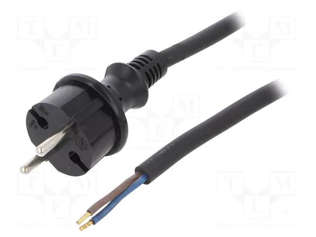 Cable; 2x1.5mm2; CEE 7/17 (C) plug,wires; rubber; 2m; black; 16A PLASTROL W-97197