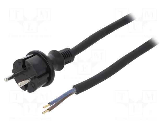 Cable; 2x1.5mm2; CEE 7/17 (C) plug,wires; rubber; 5m; black; 16A PLASTROL W-97201