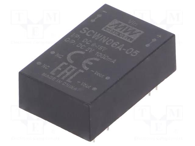 Converter: DC/DC; 6W; Uin: 9÷18VDC; Uout: 5VDC; Iout: 1000mA; DIP24 MEAN WELL SCWN06A-05