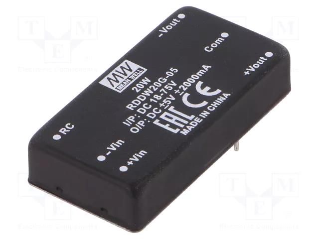 Converter: DC/DC; 20W; Uin: 18÷75VDC; Uout: 5VDC; Uout2: -5VDC; THT MEAN WELL RDDW20G-05