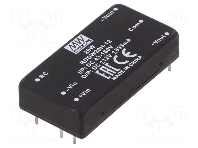 Converter: DC/DC; 20W; Uin: 43÷160VDC; Uout: 12VDC; Uout2: -12VDC MEAN WELL RDDW20H-12