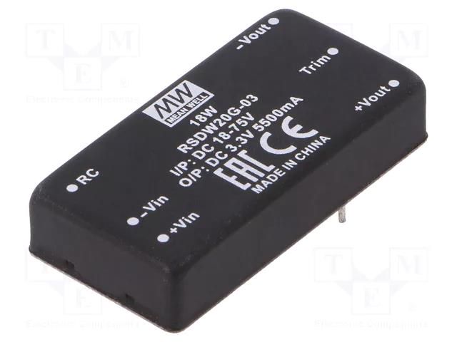 Converter: DC/DC; 20W; Uin: 18÷75VDC; Uout: 3.3VDC; Iout: 5500mA MEAN WELL RSDW20G-03