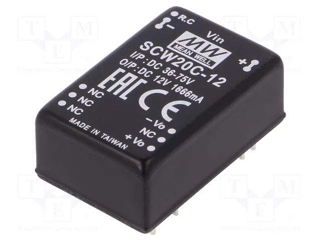 Converter: DC/DC; 20W; Uin: 36÷75VDC; Uout: 12VDC; Iout: 1666mA; THT MEAN WELL SCW20C-12