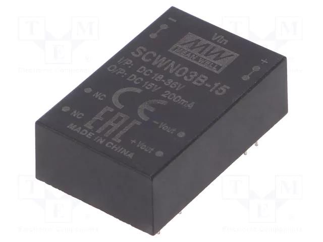 Converter: DC/DC; 3W; Uin: 18÷36VDC; Uout: 15VDC; Iout: 200mA; DIP24 MEAN WELL SCWN03B-15