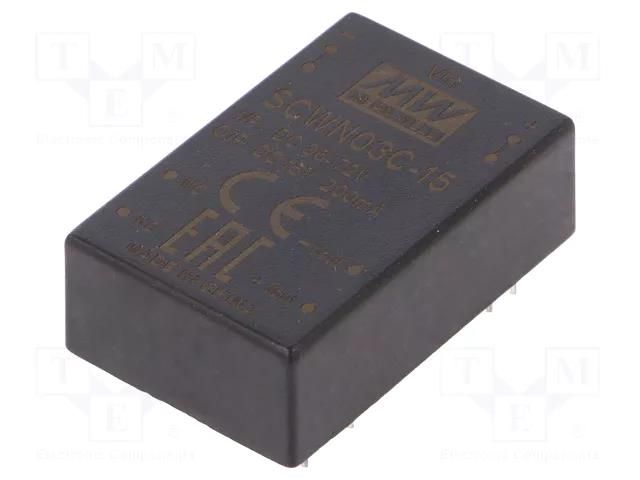 Converter: DC/DC; 3W; Uin: 36÷72VDC; Uout: 15VDC; Iout: 200mA; DIP24 MEAN WELL SCWN03C-15