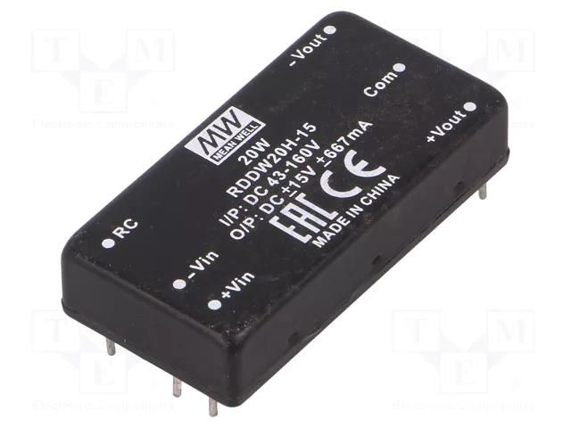 Converter: DC/DC; 20W; Uin: 43÷160VDC; Uout: 15VDC; Uout2: -15VDC MEAN WELL RDDW20H-15