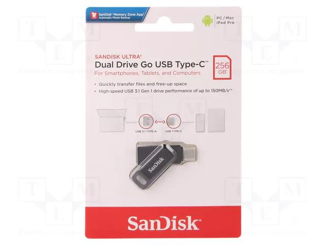 Pendrive; USB 3.1; 256GB; R: 150MB/s; DUAL DRIVE GO; black SANDISK SDDDC3-256G-G46