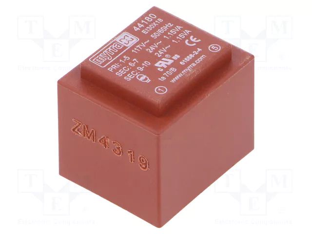Transformer: encapsulated; 2.3VA; 117VAC; 24V; 24V; 48mA; 48mA; PCB MYRRA MYRRA-44180
