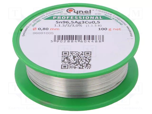 Tin; lead free; Sn96,5Ag3Cu0,5; 0.8mm; 100g; reel; 217÷220°C; 3% CYNEL SAC305-0.8/0.1