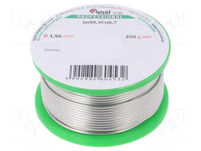 Tin; lead free; Sn99,3Cu0,7; 1.5mm; 250g; reel; Flux: flux free CYNEL SN99C-15/025SOLID