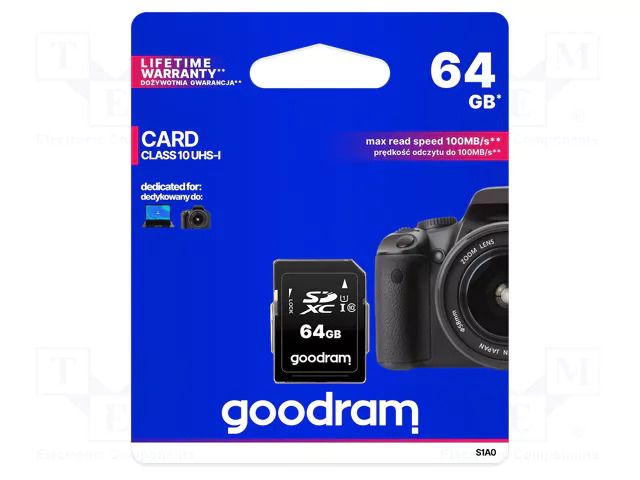 Memory card; SDXC; R: 100MB/s; W: 10MB/s; Class 10 UHS U1; 64GB GOODRAM S1A0-0640R12