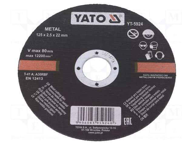 Cutting wheel; Ø: 125mm; Disc thick: 2.5mm; metal,steel; 22mm YATO YT-5924