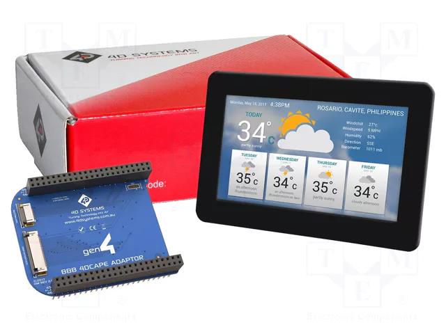 Display: TFT; 5"; 800x480; Illumin: LED; Dim: 140.7x93.8x9.4mm; 5VDC 4D Systems GEN4-4DCAPE50CTCLB