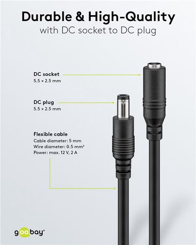 DC Extension Cable, 1.5m 5.5x2.5mm black  2x0.5 mm² max 24VDC 140W 76672 4040849766725