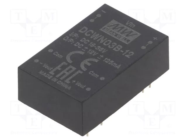 Converter: DC/DC; 3W; Uin: 18÷36VDC; Uout: 12VDC; Uout2: -12VDC; THT MEAN WELL DCWN03B-12