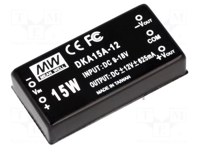 Converter: DC/DC; 15W; Uin: 9÷18VDC; Uout: 12VDC; Uout2: -12VDC; THT MEAN WELL DKA15A-12