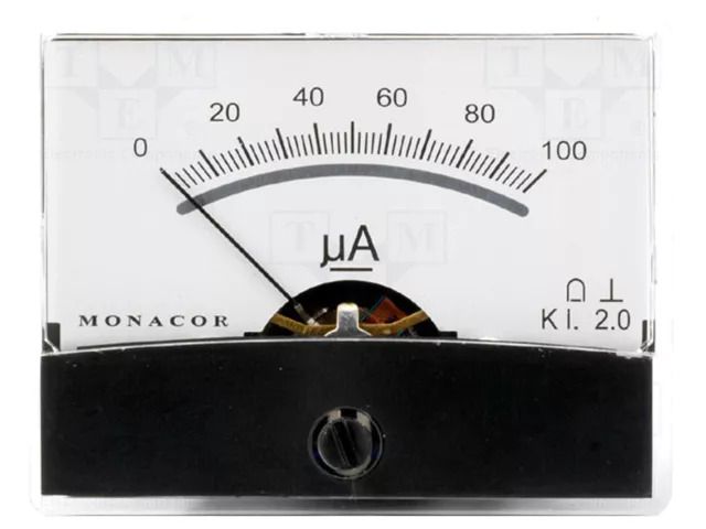 Ammeter; on panel; I DC: 0÷100uA; Class: 2; Int.resist: 1kΩ; Ø37.5mm MONACOR PM-2/100UA