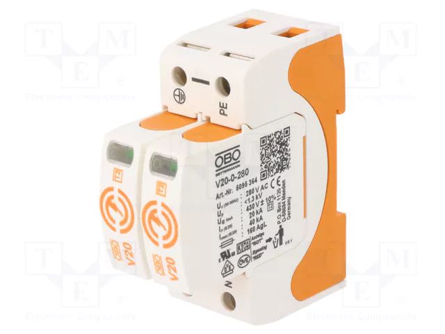 Surge arrester; Type 2; Poles: 2; 20kA; 280VAC; -40÷80°C; IP20 OBO BETTERMANN OBO-5095162