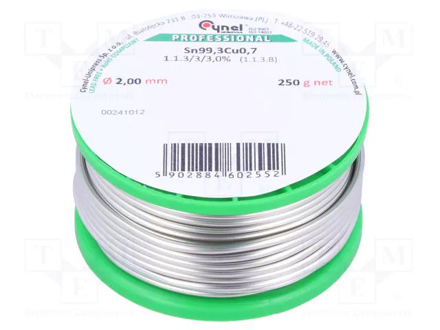 Tin; lead free; Sn99,3Cu0,7; 2mm; 250g; reel; 227°C; 3%; Flux: SW32 CYNEL SN99C-2.0/0.25