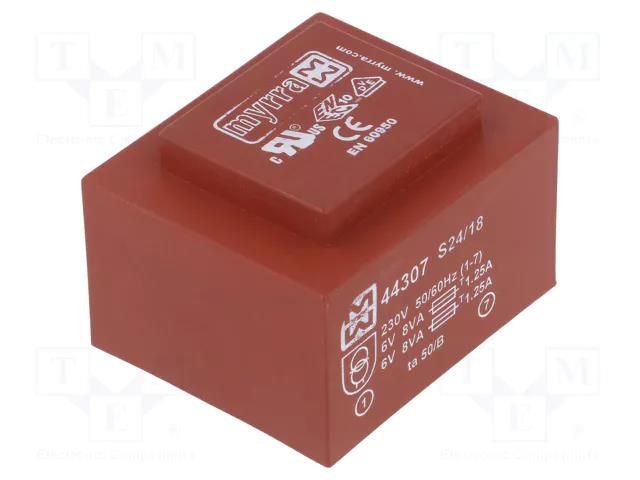 Transformer: encapsulated; 16VA; 230VAC; 6V; 6V; 1333mA; 1333mA; PCB MYRRA MYRRA-44307