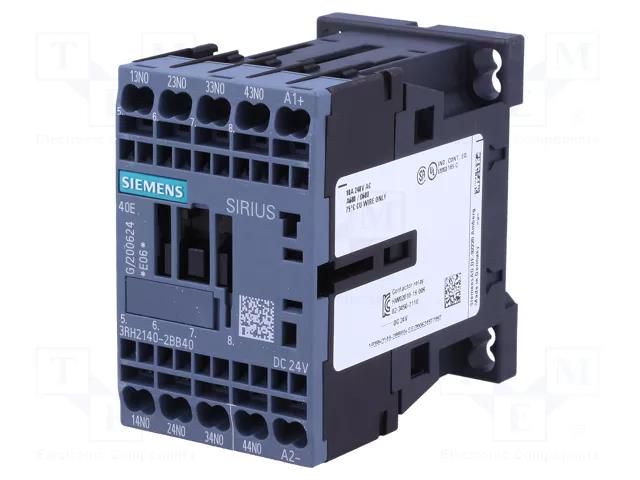 Contactor: 4-pole; NO x4; 24VDC; 10A; 3RH20; spring clamps SIEMENS 3RH2140-2BB40