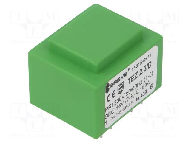 Transformer: encapsulated; 2.3VA; 230VAC; 15V; 153mA; PCB; IP00 BREVE TUFVASSONS TEZ2.3/D/15V-TA40