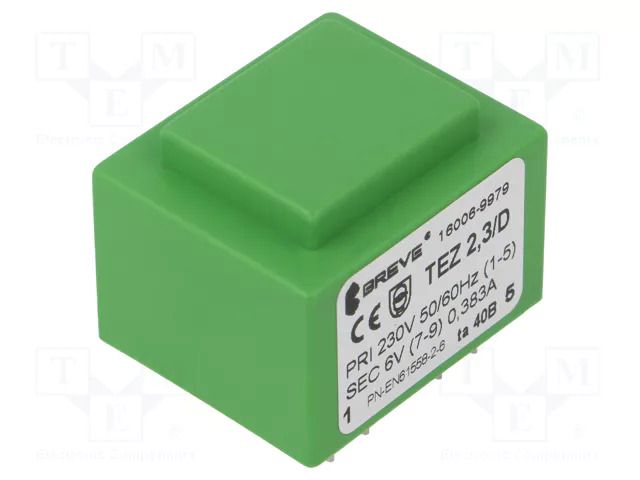 Transformer: encapsulated; 2.3VA; 230VAC; 6V; 383mA; PCB; IP00; TEZ BREVE TUFVASSONS TEZ2.3/D/6V-TA40