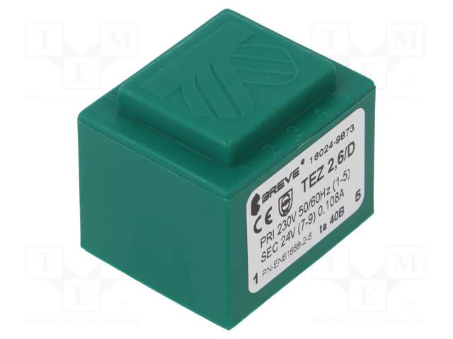 Transformer: encapsulated; 2.6VA; 230VAC; 24V; 108mA; PCB; IP00 BREVE TUFVASSONS TEZ2.6/D/24V-TA40