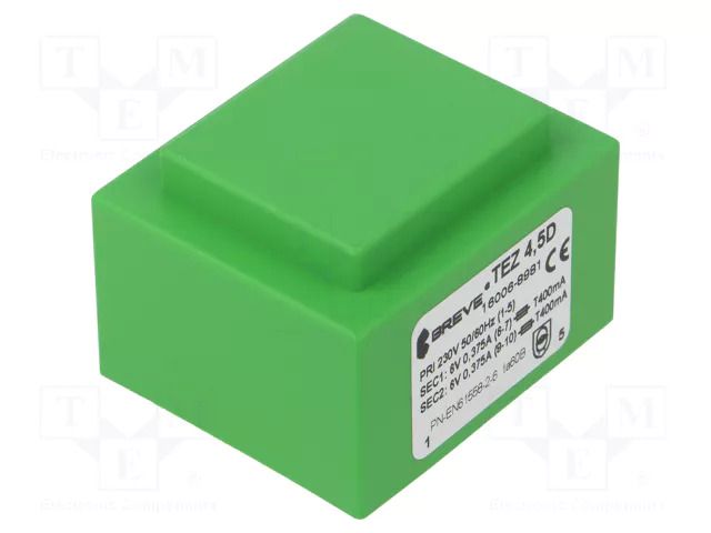 Transformer: encapsulated; 4.5VA; 230VAC; 6V; 6V; 375mA; 375mA; PCB BREVE TUFVASSONS TEZ4.5/D/6-6V