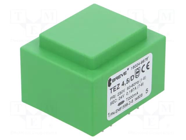 Transformer: encapsulated; 4.5VA; 230VAC; 24V; 188mA; PCB; IP00 BREVE TUFVASSONS TEZ4.5/D/24V