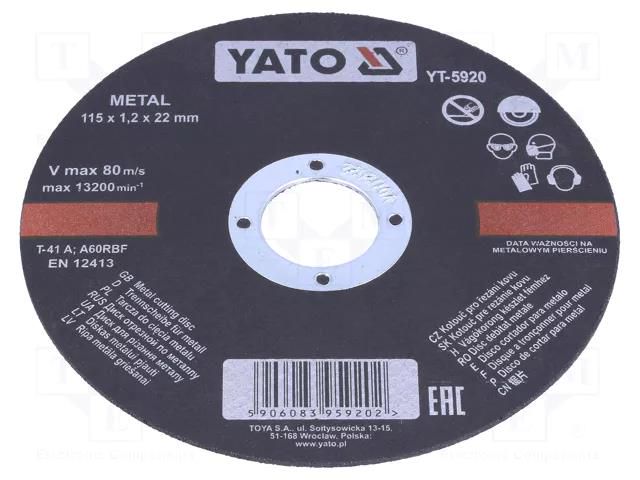 Cutting wheel; Ø: 115mm; Øhole: 22mm; Disc thick: 1.2mm; 13200rpm YATO YT-5920