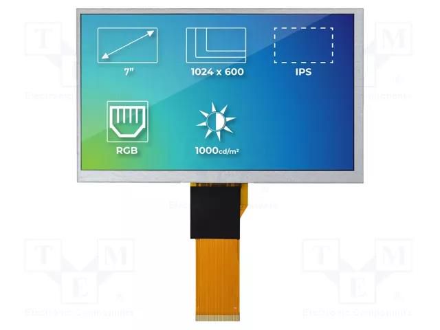 Display: TFT; 7"; 1024x600; Illumin: LED; Dim: 164.9x100x5.7mm Riverdi RVT70HSTNWN00