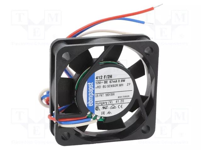 Fan: DC; axial; 12VDC; 40x40x10mm; 8.88m3/h; 26dBA; slide; 6000rpm EBM-PAPST 412F/2H