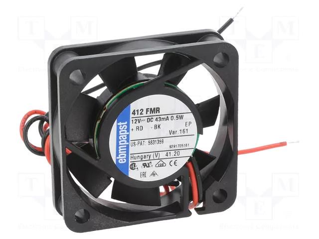 Fan: DC; axial; 12VDC; 40x40x10mm; 6.5m3/h; 14dBA; slide; 4300rpm EBM-PAPST 412FMR-161