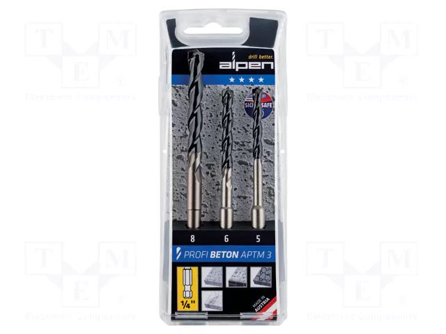 Drill set; steel; blister; PROFI BETON; Ø: 5mm,6mm,8mm; 3pcs; 1/4" ALPEN-MAYKESTAG ALP.101803100