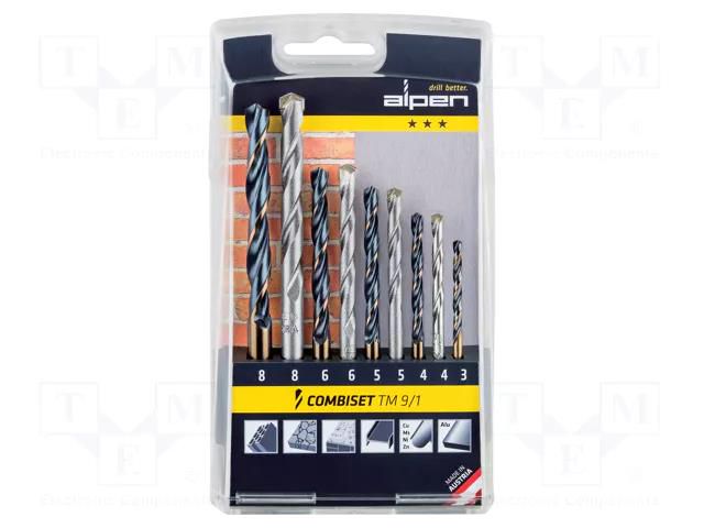 Drill set; plastic cassette; concrete,metal,wall,steel; 9pcs. ALPEN-MAYKESTAG ALP.802122100