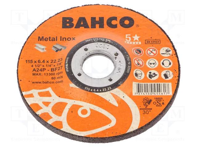 Grinding wheel; Ø: 115mm; Øhole: 22.23mm; Disc thick: 6.4mm BAHCO SA.3921-115-T27-IM
