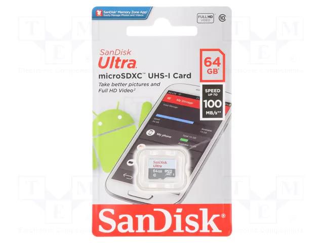 Memory card; Android; microSDXC; R: 100MB/s; Class 10 UHS U1; 64GB SANDISK SDSQUNR-064G-GN3MN