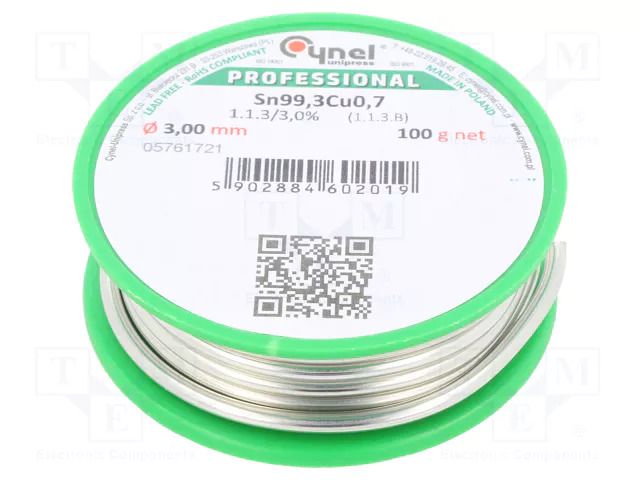Tin; lead free; Sn99,3Cu0,7; 3mm; 100g; reel; 227°C; 3%; Flux: SW32 CYNEL SN99C-3.0/0.1