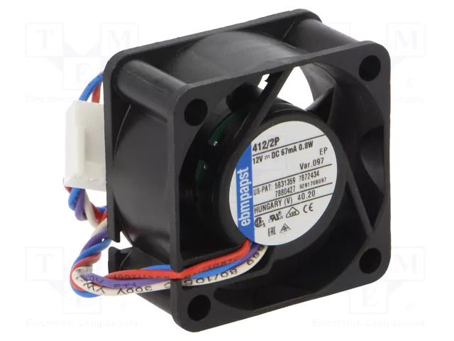 Fan: DC; axial; 12VDC; 40x40x20mm; 10m3/h; slide; 6000rpm EBM-PAPST 412/2P-097