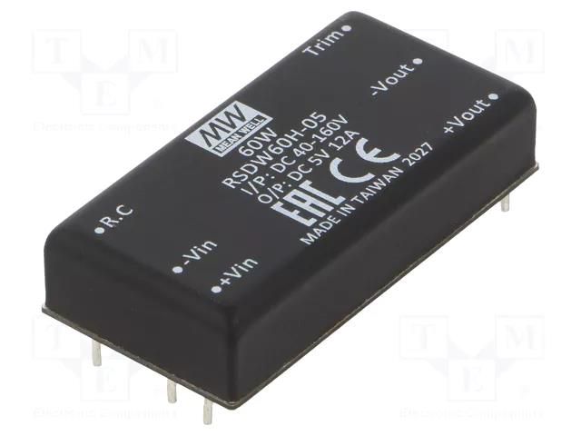 Converter: DC/DC; 60W; Uin: 40÷160VDC; Uout: 5VDC; Iout: 12A; 2"x1" MEAN WELL RSDW60H-05