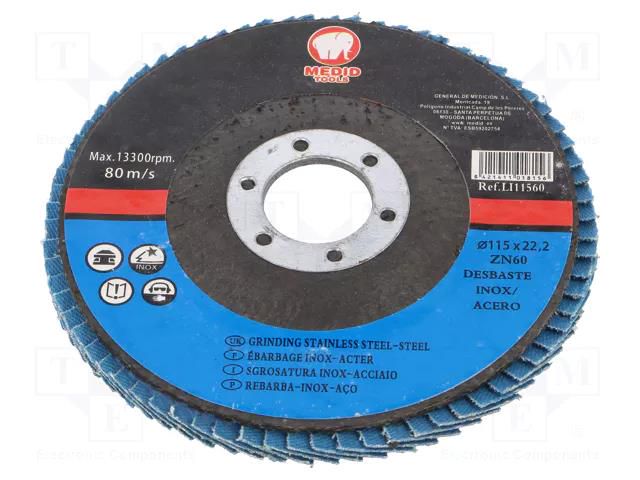 Flap grinding wheels; Ø: 115mm; Øhole: 22mm; Granularity: 60 MEDID MED.LI115ZN60