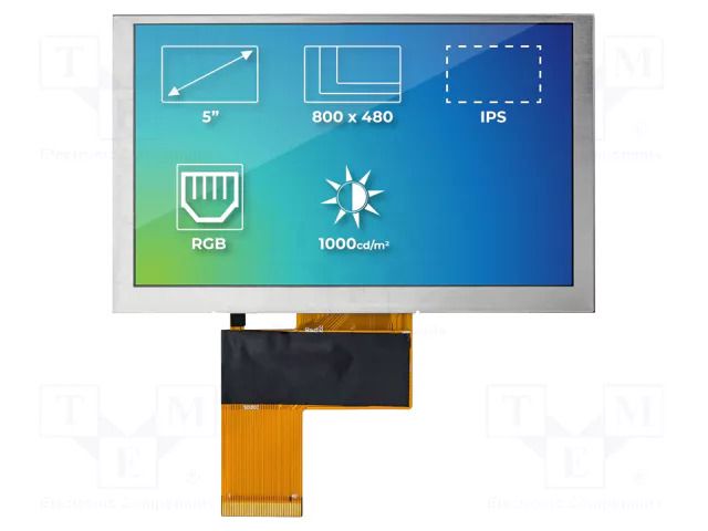 Display: TFT; 5"; 800x480; Illumin: LED; Dim: 120.7x75.8x2.95mm Riverdi SM-RVT50HQTNWN00